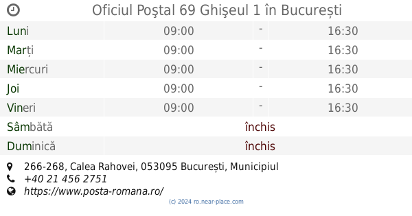 Programul De Lucru Oficiul Postal 69 Ghiseul 1 BucureÈ™ti 266 268 Calea Rahovei Tel 40 21 456 2751