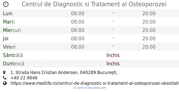 Programul De Lucru Centrul De Diagnostic Si Tratament Al Osteoporozei Si Obezitatii BucureÈ™ti 1 Strada Hans Cristian Andersen Tel 40 21 9646