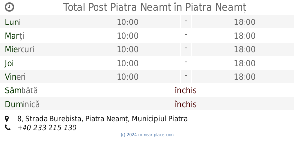 Programul De Lucru Total Post Piatra Neamt Piatra NeamÈ› 8 Strada Burebista Tel 40 233 215 130