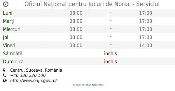 Programul De Lucru Oficiul NaÈ›ional Pentru Jocuri De Noroc Serviciul Teritorial Nord Est Suceava Suceava Tel 40 330 220 100